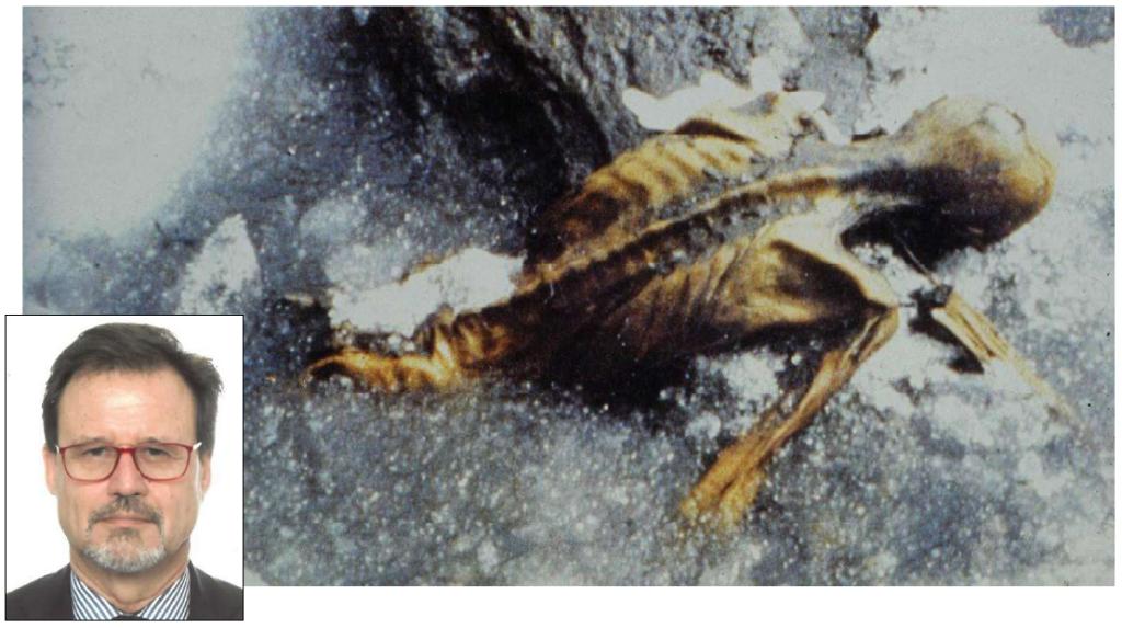 The body of Ötzi the Iceman melting out of the glacier with inset image of Prof. Klaus Oeggl