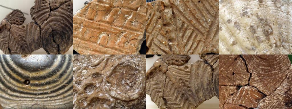 Collage of decorated Neolithic pottery sherds (Grooved Ware) from Down Farm, Wiltshire
