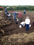 A row of people clearing topspoil off the terram (geotextile) protecting the site
