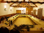 The hall decorated and the tables laid for dinner
